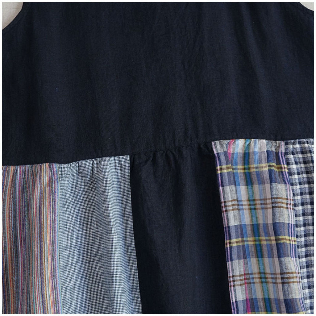 Linen Color-Block Mori Girl Tank Dress – High-Waist, Loose, Round Neck
