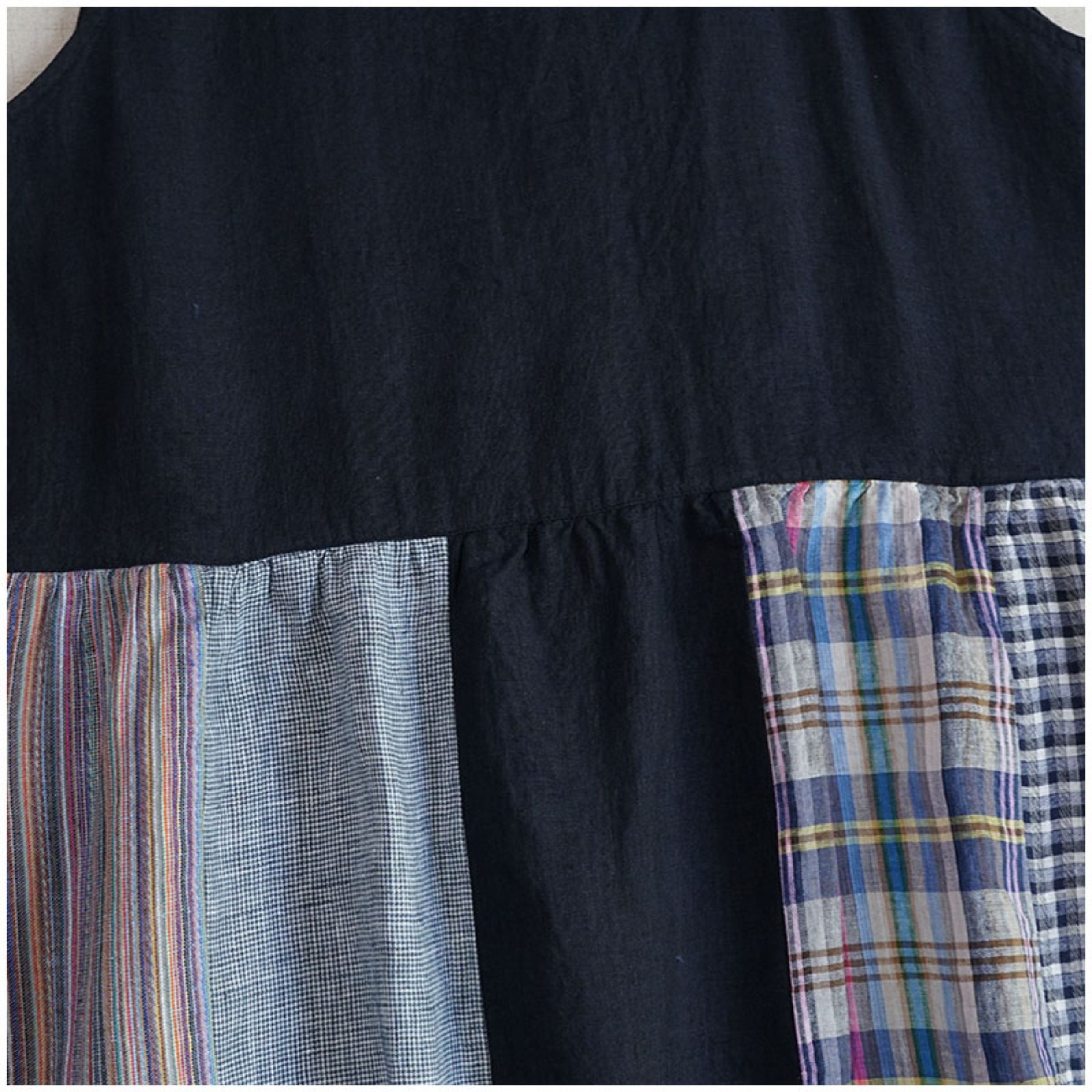 Linen Color-Block Mori Girl Tank Dress – High-Waist, Loose, Round Neck