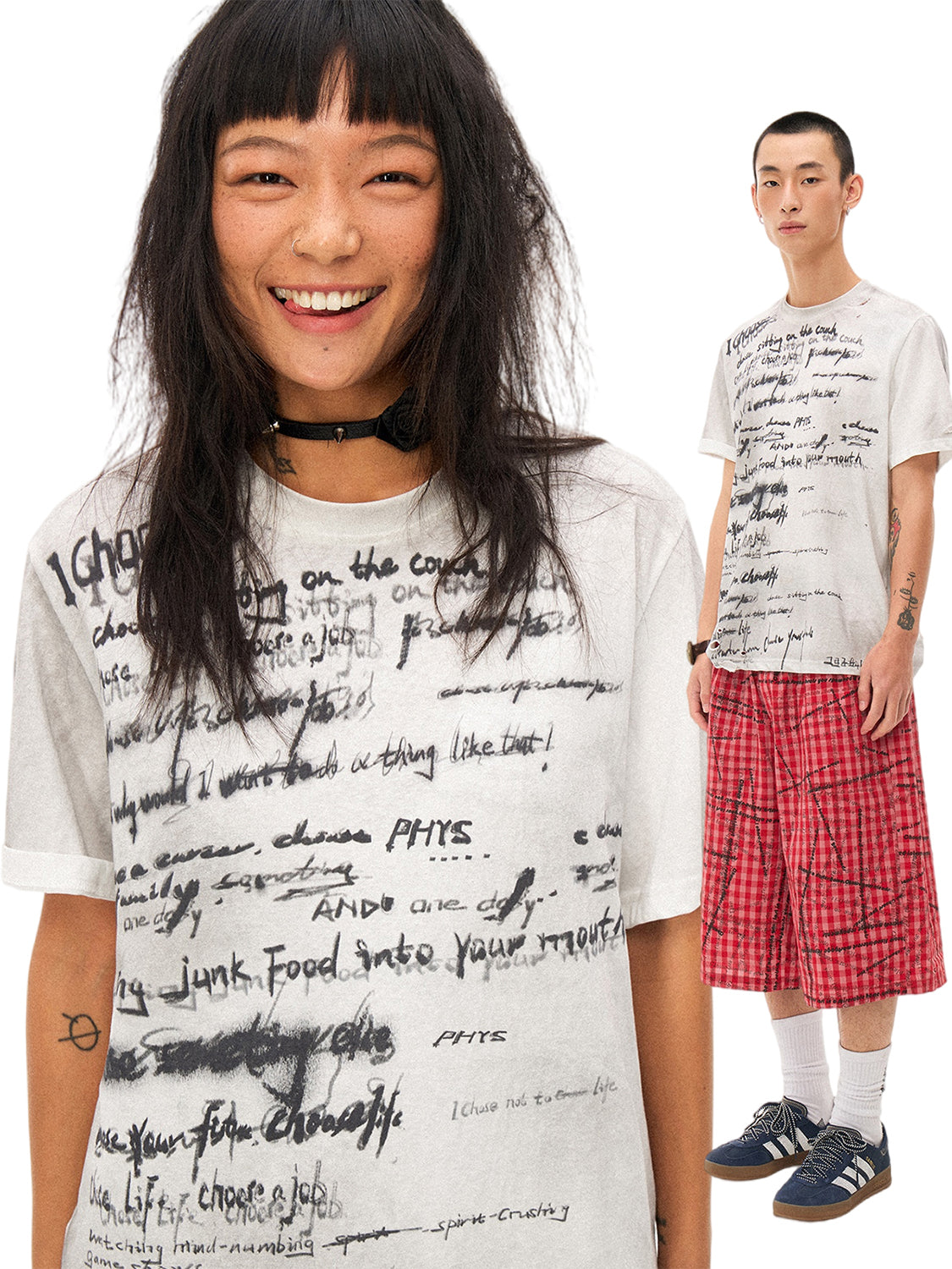 Handwritten Print Soft Skin-friendly Distressed Loose Short Sleeve T-shirt