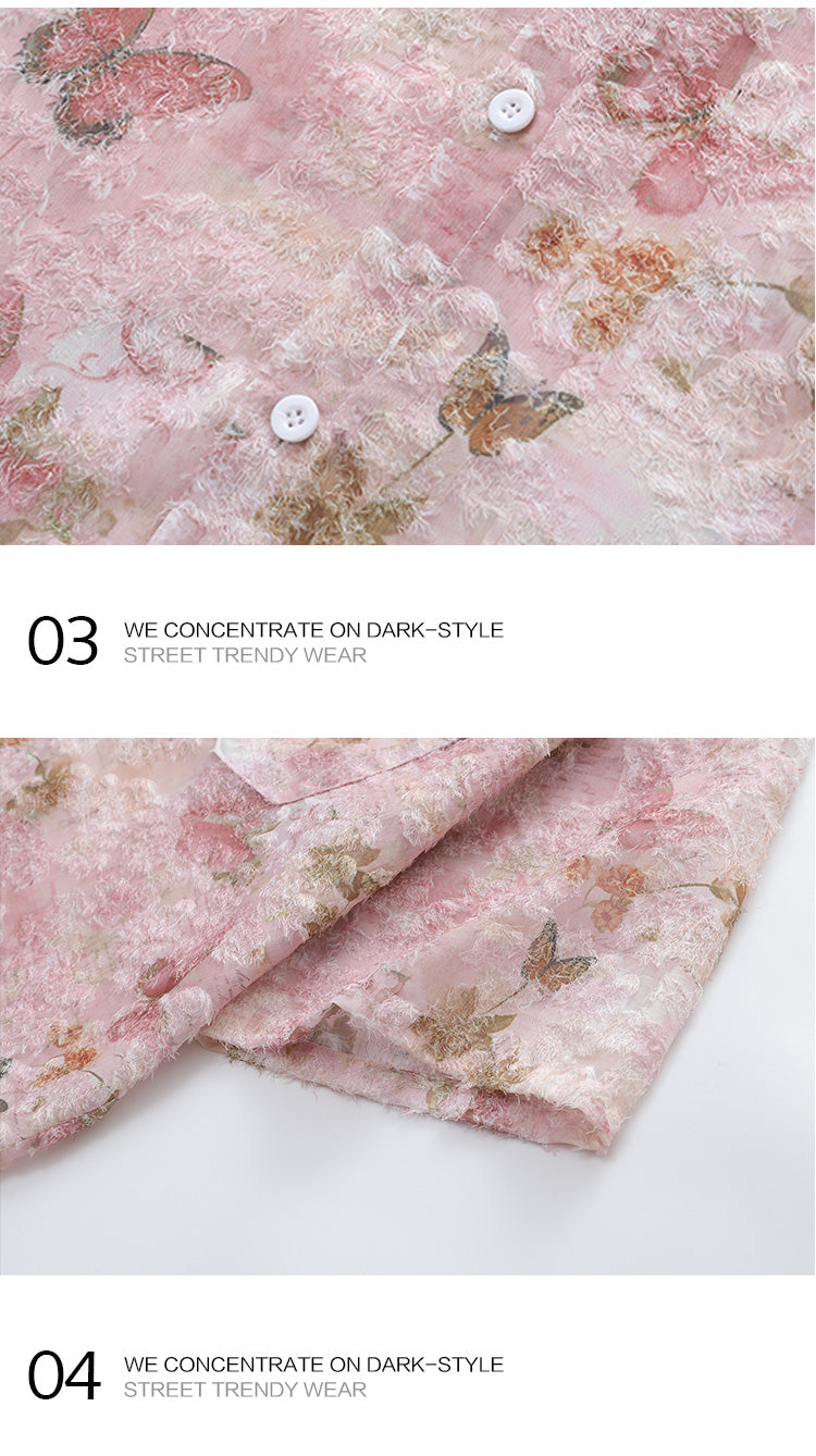 Lazy Style Tassel Butterfly Full Print Short Sleeve Shirt for Men Summer Design Sense Niche Beach Floral Shirt