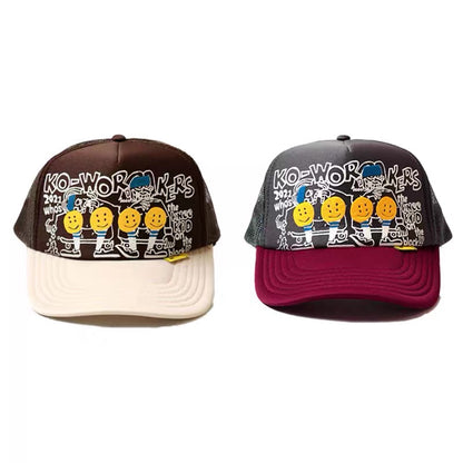 Japanese 25AW Kapital Hirata Kazuhiro Smiley Face Camo Foam Print Mesh Baseball Cap – Breathable Patchwork Design