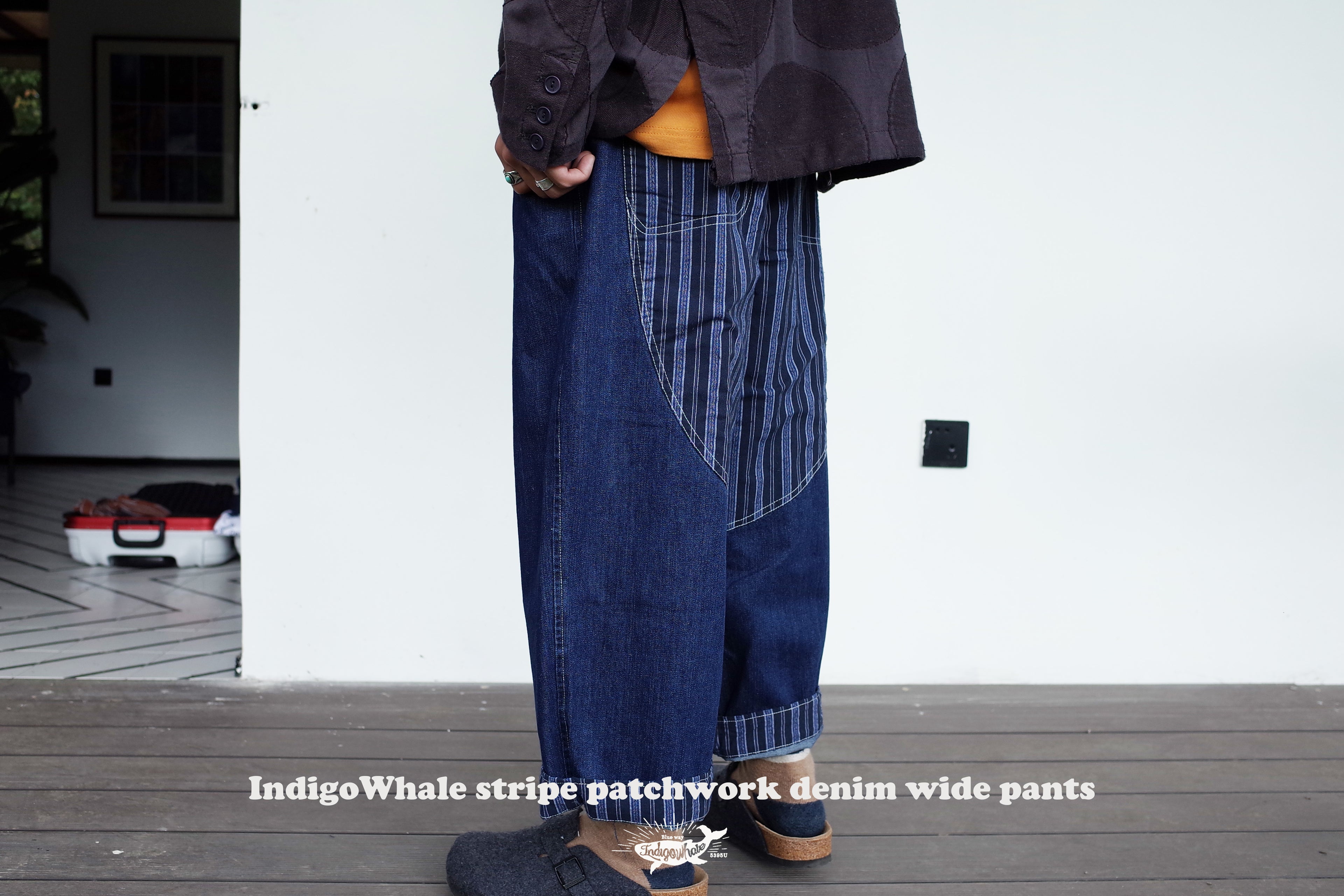 IndigoWhale Bamboo Denim Wide-Leg Patchwork Jeans – Heavy Wash, Drawstring Nine-Point Design