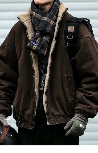 Men's Japanese Retro Lamb Wool Jacket - Thickened Stand Collar Couple Cotton Coat