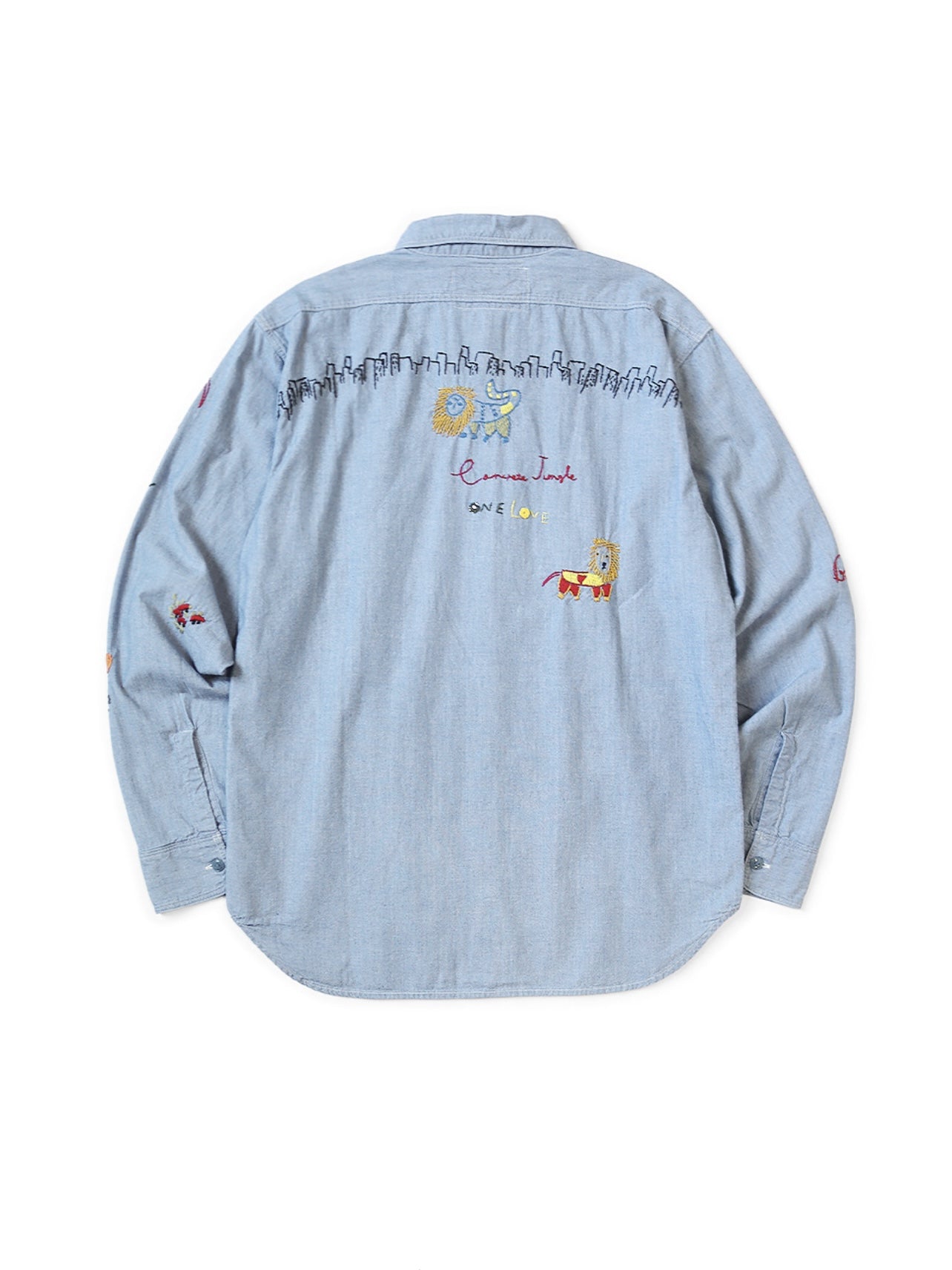 25AW Japanese Style Casual Lion Floral Embroidery Turn-down Collar Cotton Long Shirt