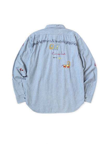 25AW Japanese Style Casual Lion Floral Embroidery Turn-down Collar Cotton Long Shirt