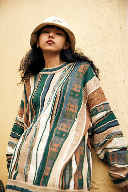 Medria New Year Limited Edition Sweater - Retro Bitter Melon Stripe Multi-Color Pullover