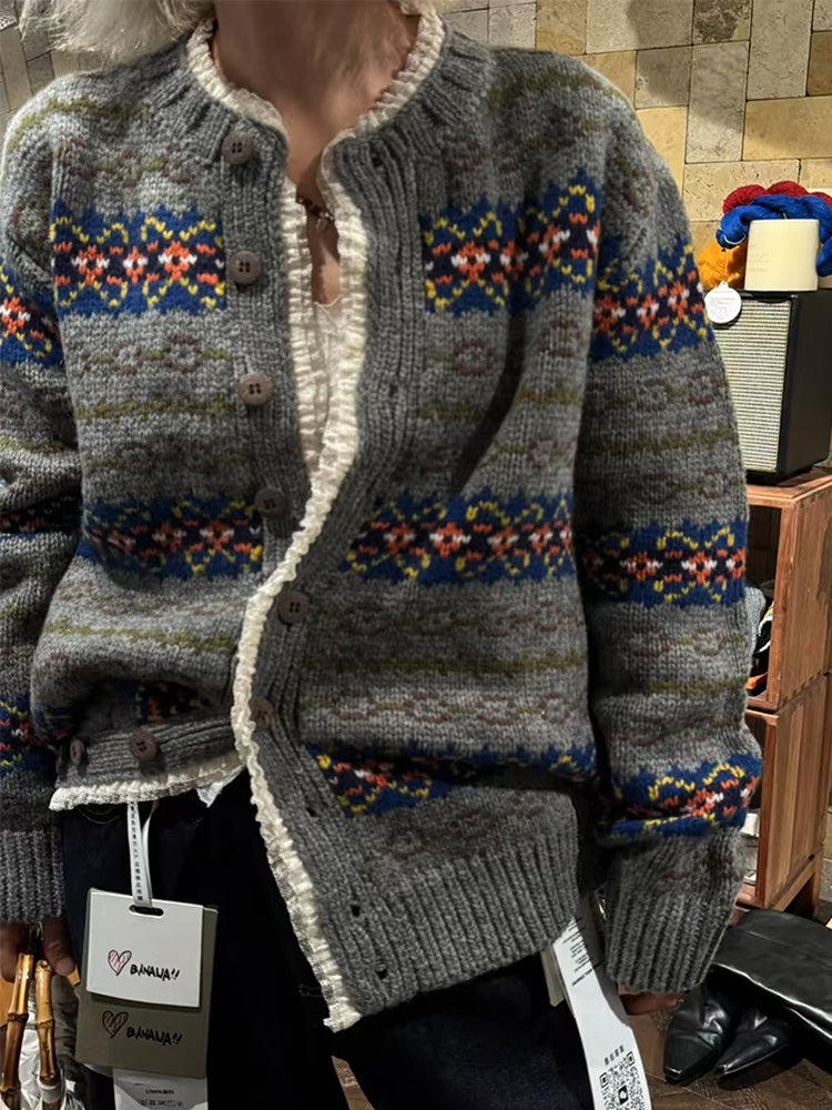 South Korea Nine-Bananas Fair Isle Lace-Trim Sweater Coat – Vintage Wool Blend, Cozy Retro Statement