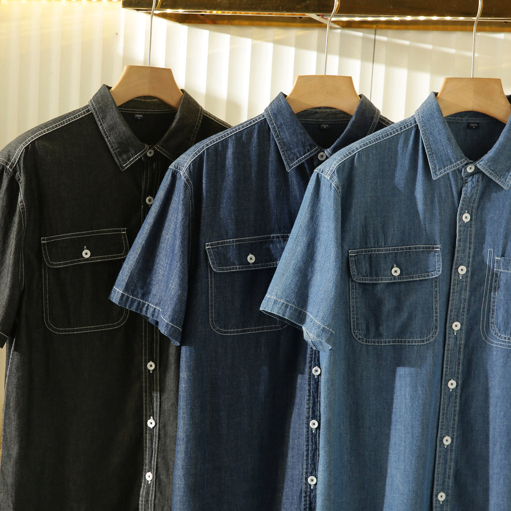 Pure Cotton Enzyme Wash! Export Surplus Men's Summer Turn-down Collar Denim Short Sleeve Shirt Top