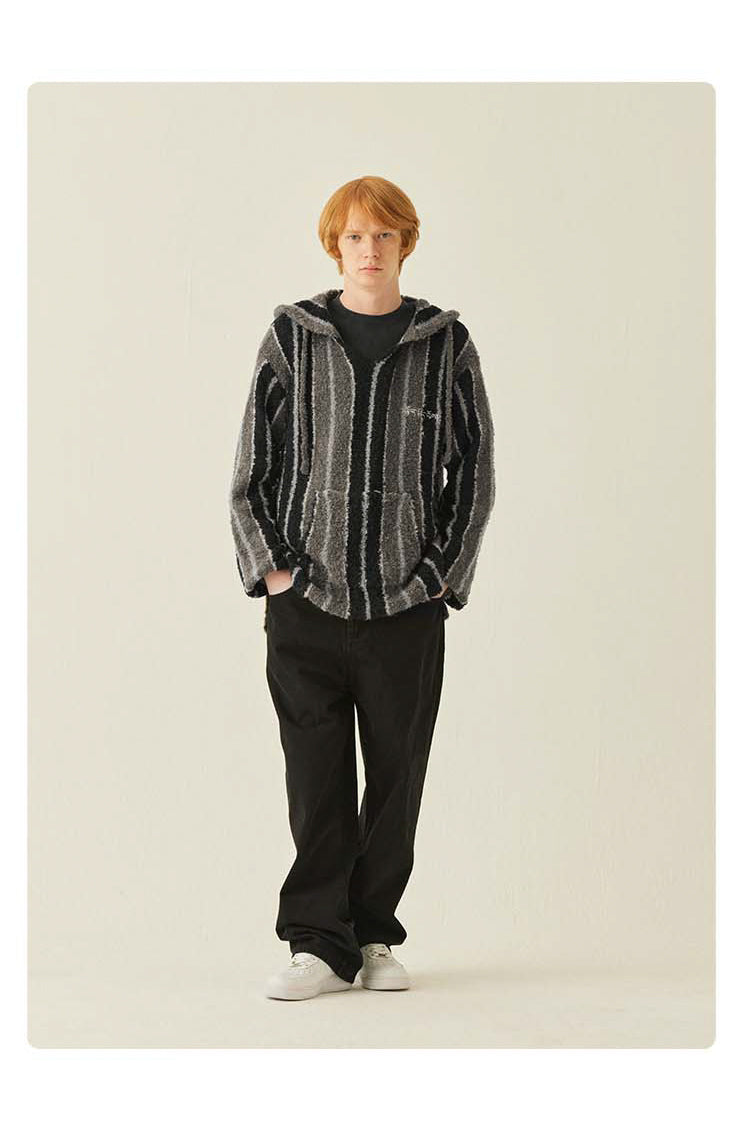 MEDRIA Retro Striped Wool Blend Tibetan Hoodie Autumn Winter Lazy Style Knitted Sweater Unisex Hooded Jacket