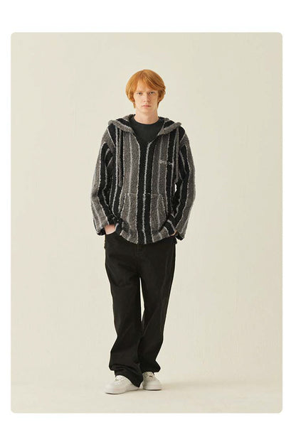 Medria Unisex Retro Striped Hoodie - Wool Blend Tibetan Style Lazy Knit Jacket