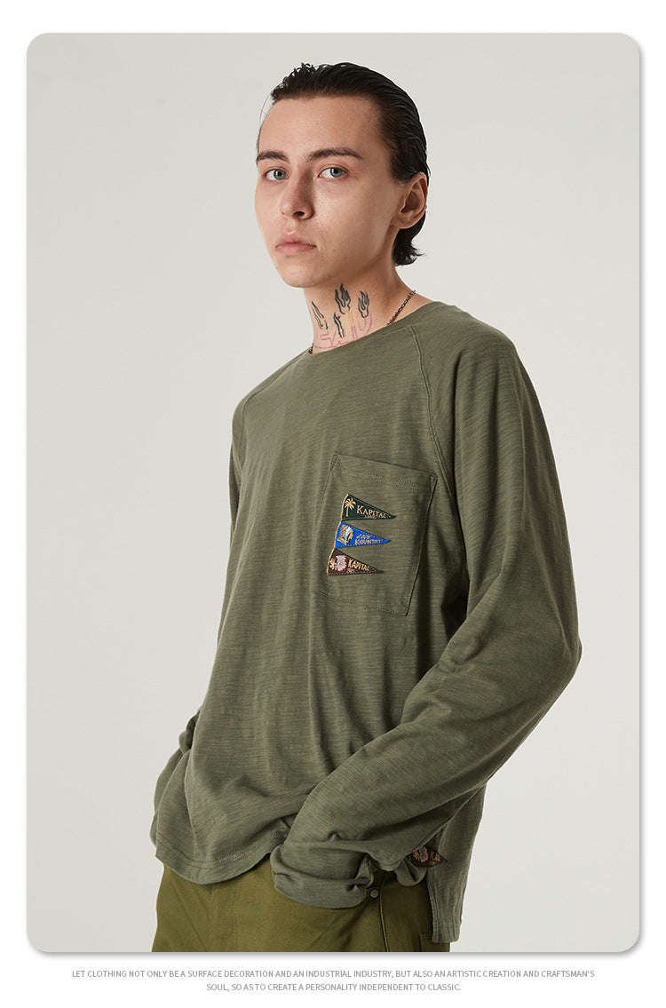 Japanese Style Flag Embroidery Loose Round Neck Men's Versatile Long Sleeve T-Shirt