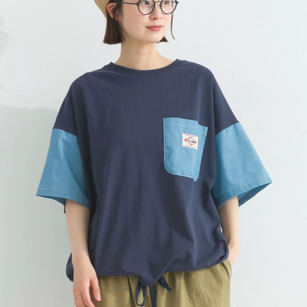 Japanese Style Stitching Denim Pocket Letters Profile T-shirt Designer Loose Casual Summer Patch