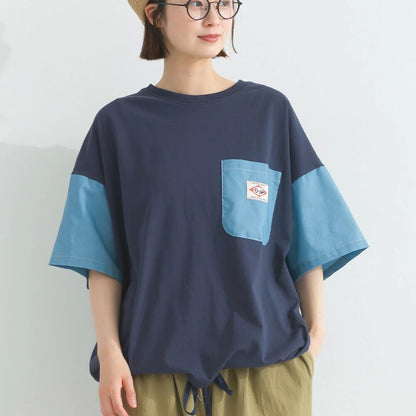 Japanese Style Stitching Denim Pocket Letters Profile T-shirt Designer Loose Casual Summer Patch