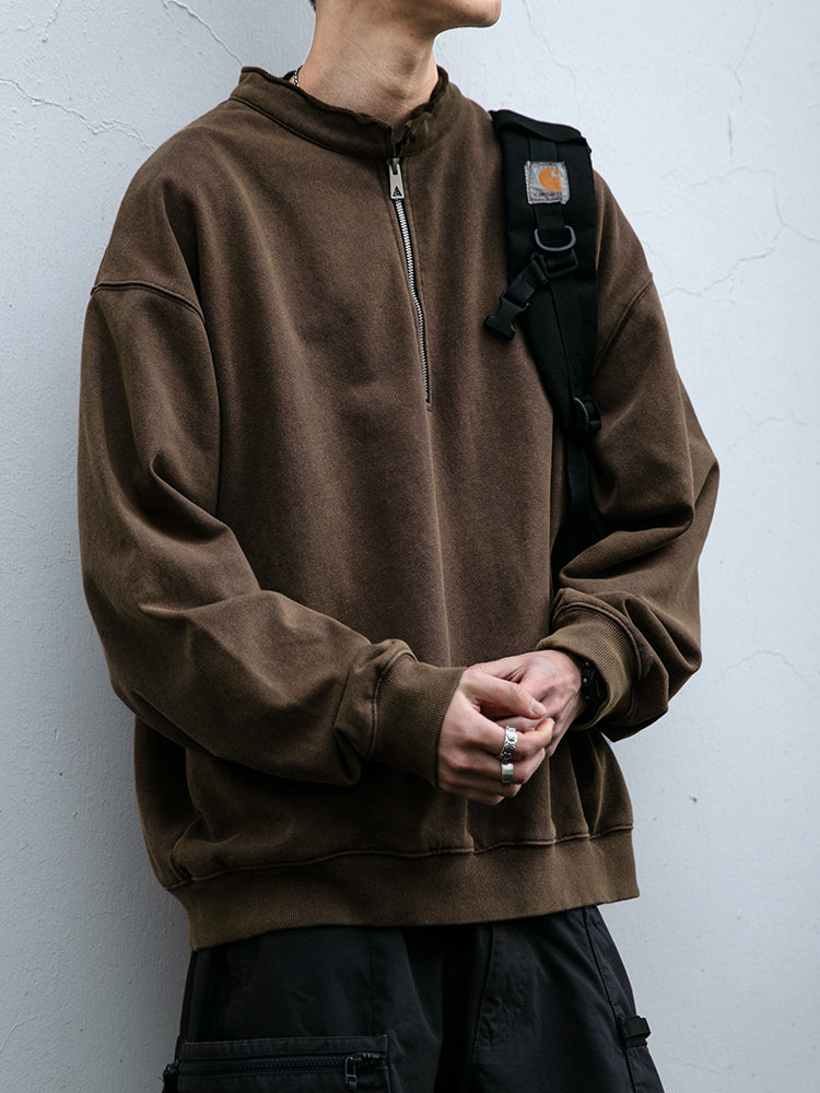 465G Snowflake Molle Diagonal Half-Zip Sweatshirt Men's Boxy Short Wide Washed Vintage Pullover Jacket Trendy