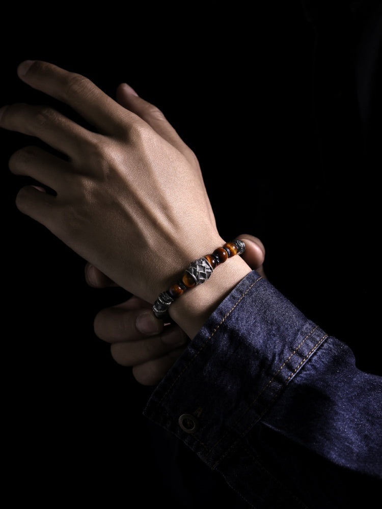 Yinshu Original Handmade &lt;Hammered&gt; Bracelet for Men Niche 999 Pure Silver Tiger Eye Stone Men's Vintage Bracelet