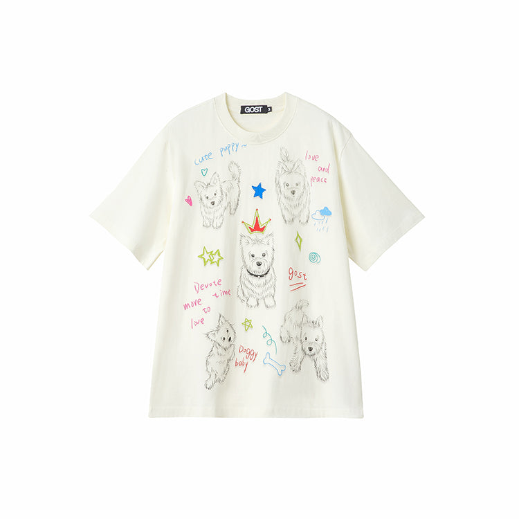Hand-drawn Puppy Short-sleeve T-shirt Cute Fun Loose Cotton Summer T