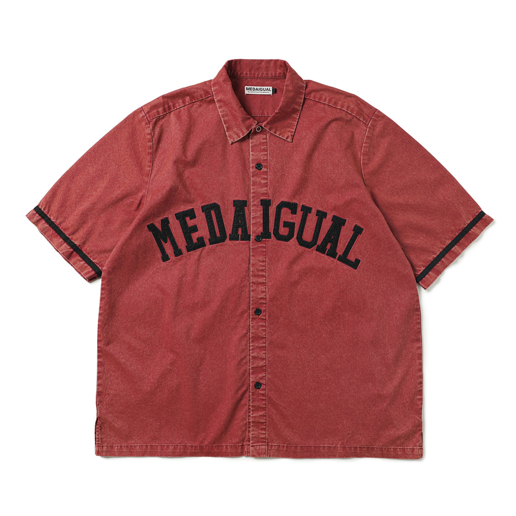 Heavy Washed Patch Embroidery Street Cotton Loose Shirt Men Skateboarding Street Dance Rust Red Short Sleeve
