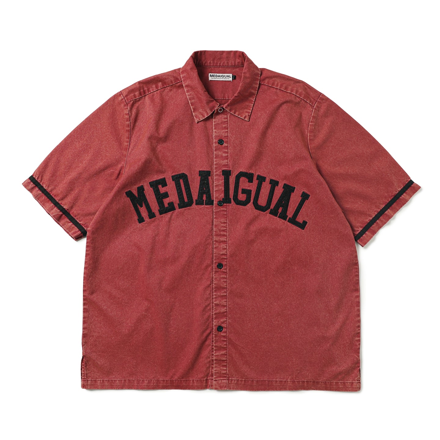 Heavy Washed Patch Embroidery Street Cotton Loose Shirt Men Skateboarding Street Dance Rust Red Short Sleeve