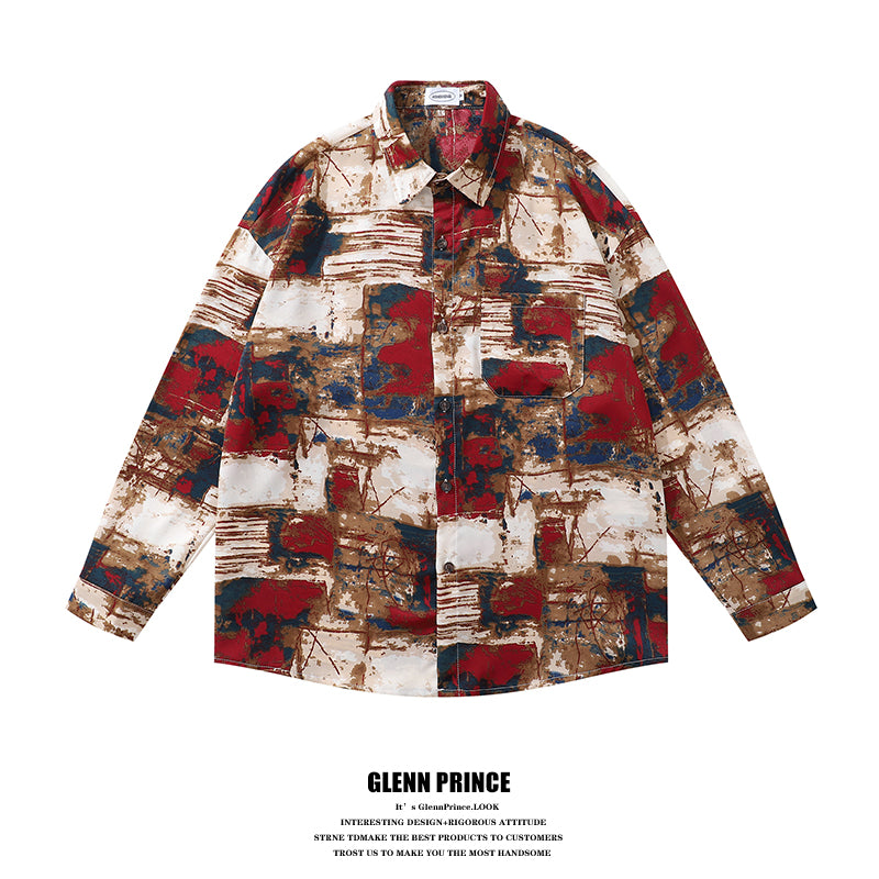 Trendy Street Irregular Oil Painting Full Print Long Sleeve Shirt for Men Autumn Niche Casual Shirt Jacket