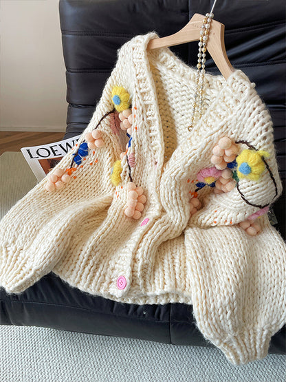 Women's 2025 Autumn French Retro Crochet Cardigan - Handmade 3D Flower Heavy Knit Sweater Coat
