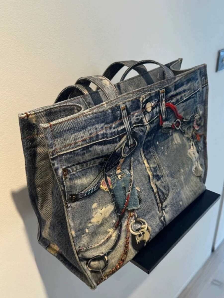 2025 Spring Summer New Vintage Denim Patchwork Color Block Handbag Shoulder Bag Large Capacity Tote Shopping Bag Women's Bag