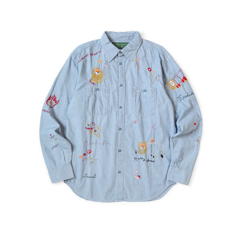 25AW Japanese Style Casual Lion Floral Embroidery Turn-down Collar Cotton Long Shirt