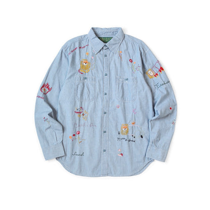 25AW Japanese Style Casual Lion Floral Embroidery Turn-down Collar Cotton Long Shirt