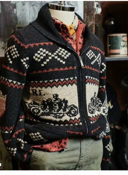 RRL Motorcycle Club Jacquard Cardigan – Heavy Retro Green Knit (Unisex)