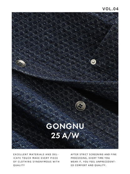 Japanese Retro Lattice Texture Denim Shirt - Loose Casual Lapel Shirt (Men)