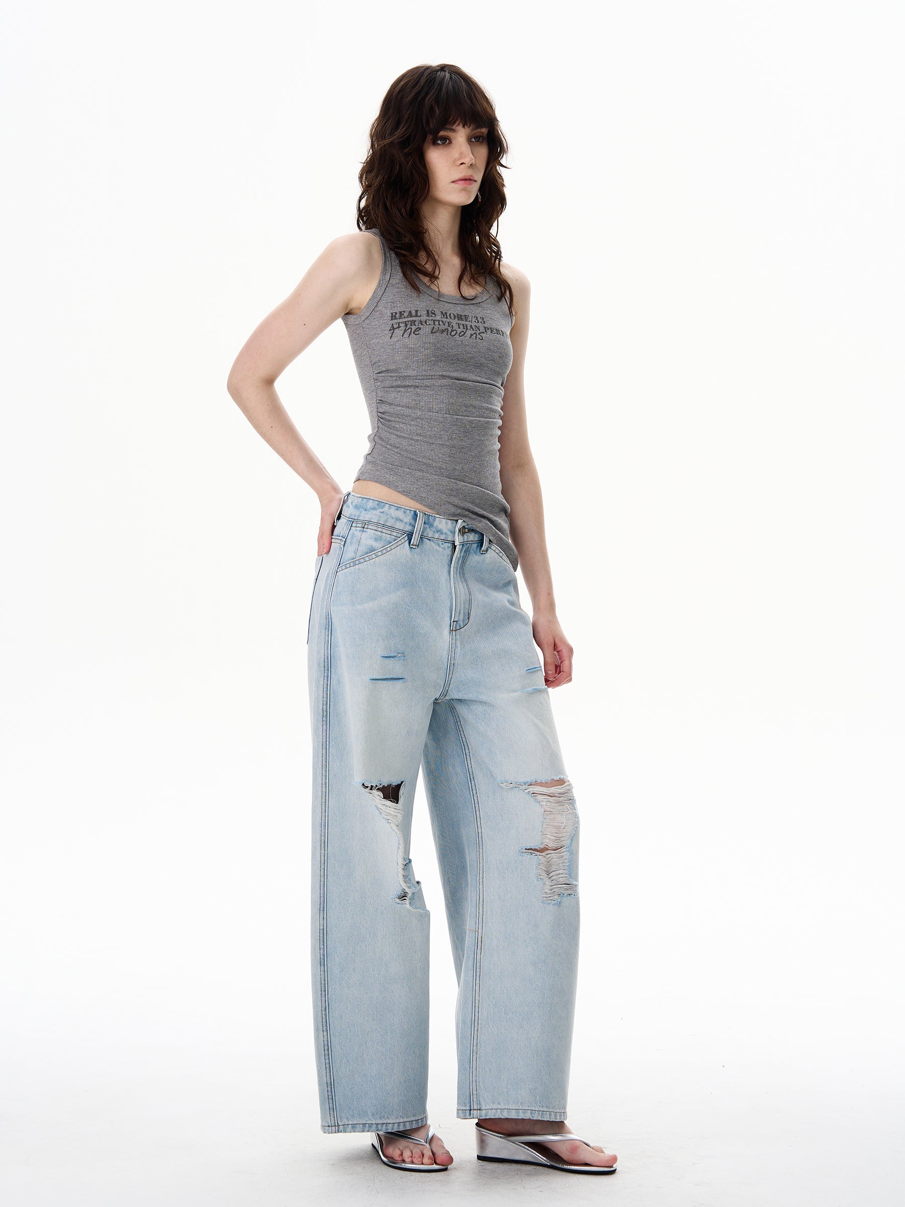 American Style Distressed Light Blue Jeans Trendy Brand Men's Cool Street Style High-End Pants