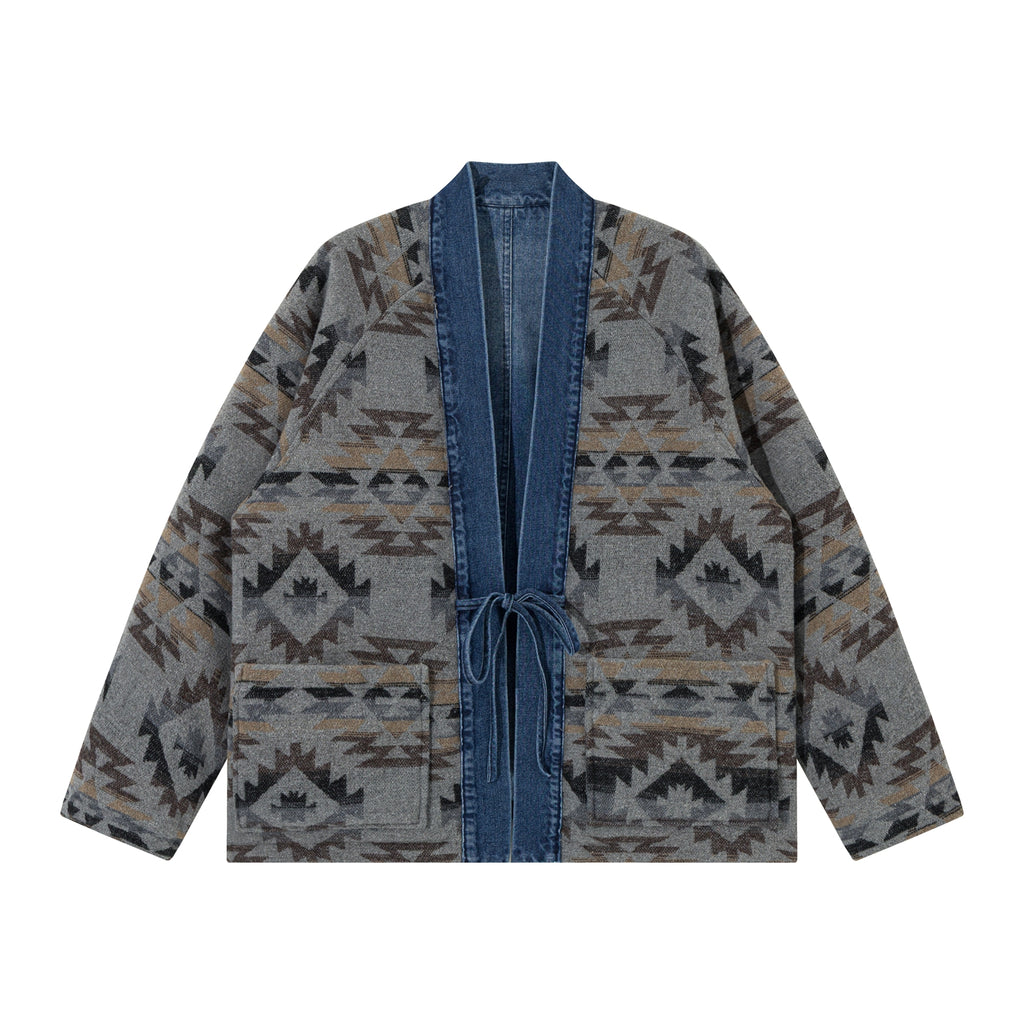 Reversible Ethnic Jacquard “Dao Robe” Denim Cardigan – Oversized Lace-Up Coat for Autumn
