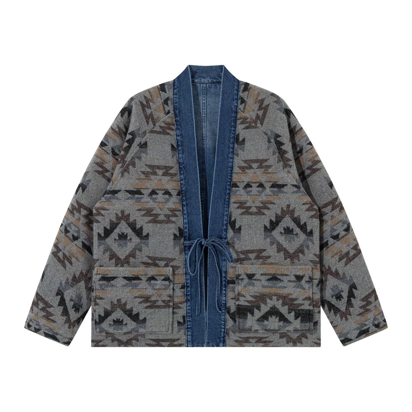 Reversible Ethnic Jacquard “Dao Robe” Denim Cardigan – Oversized Lace-Up Coat for Autumn