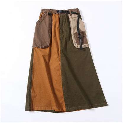 Japanese-Style Patchwork A-Line Skirt – Retro Loose Fit with Elastic Waist & Pockets