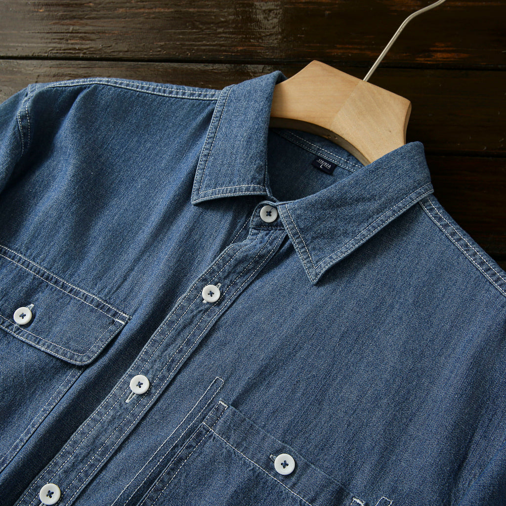 Pure Cotton Enzyme Wash! Export Surplus Men's Summer Turn-down Collar Denim Short Sleeve Shirt Top