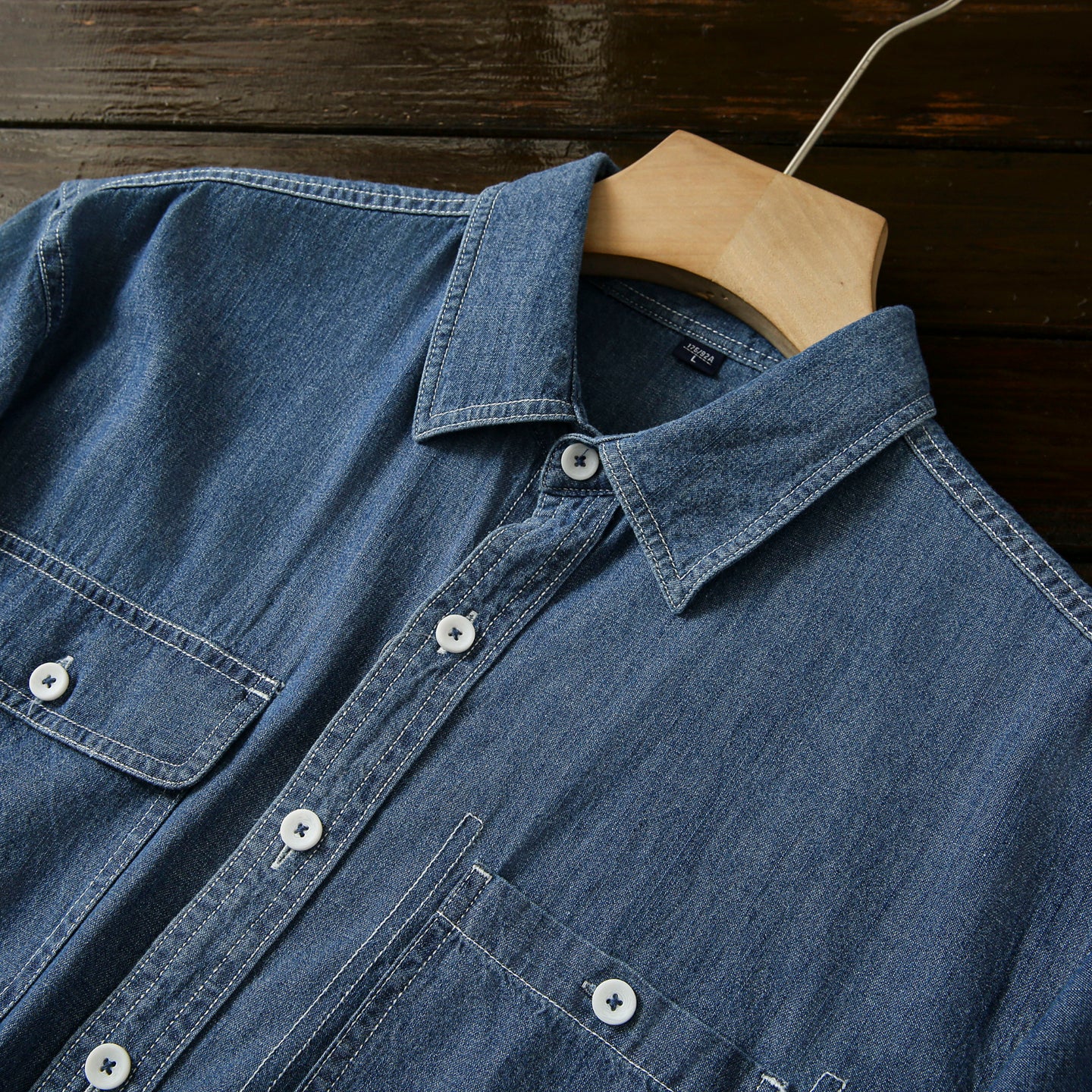 Pure Cotton Enzyme Wash! Export Surplus Men's Summer Turn-down Collar Denim Short Sleeve Shirt Top