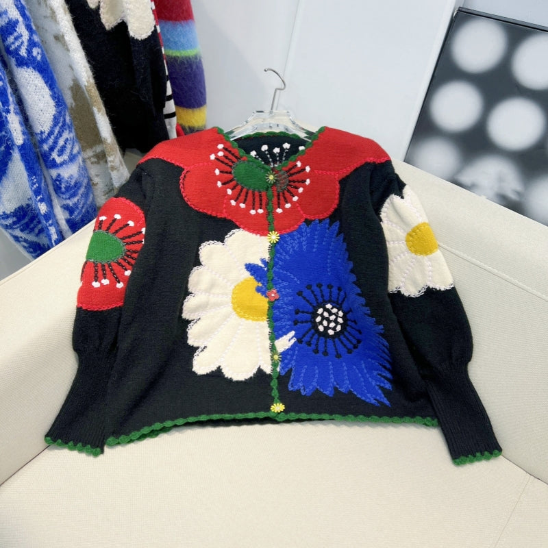 French Style Heavy Embroidery Floral Vintage Knit Sweater for Women 2025 Autumn Winter New Loose Cardigan Coat Trend