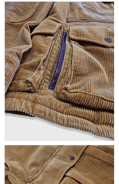 Corduroy Western Hunting Jacket for Men, Washed Multi-Pocket Outdoor Adventure Workwear Retro Windbreaker Jacket