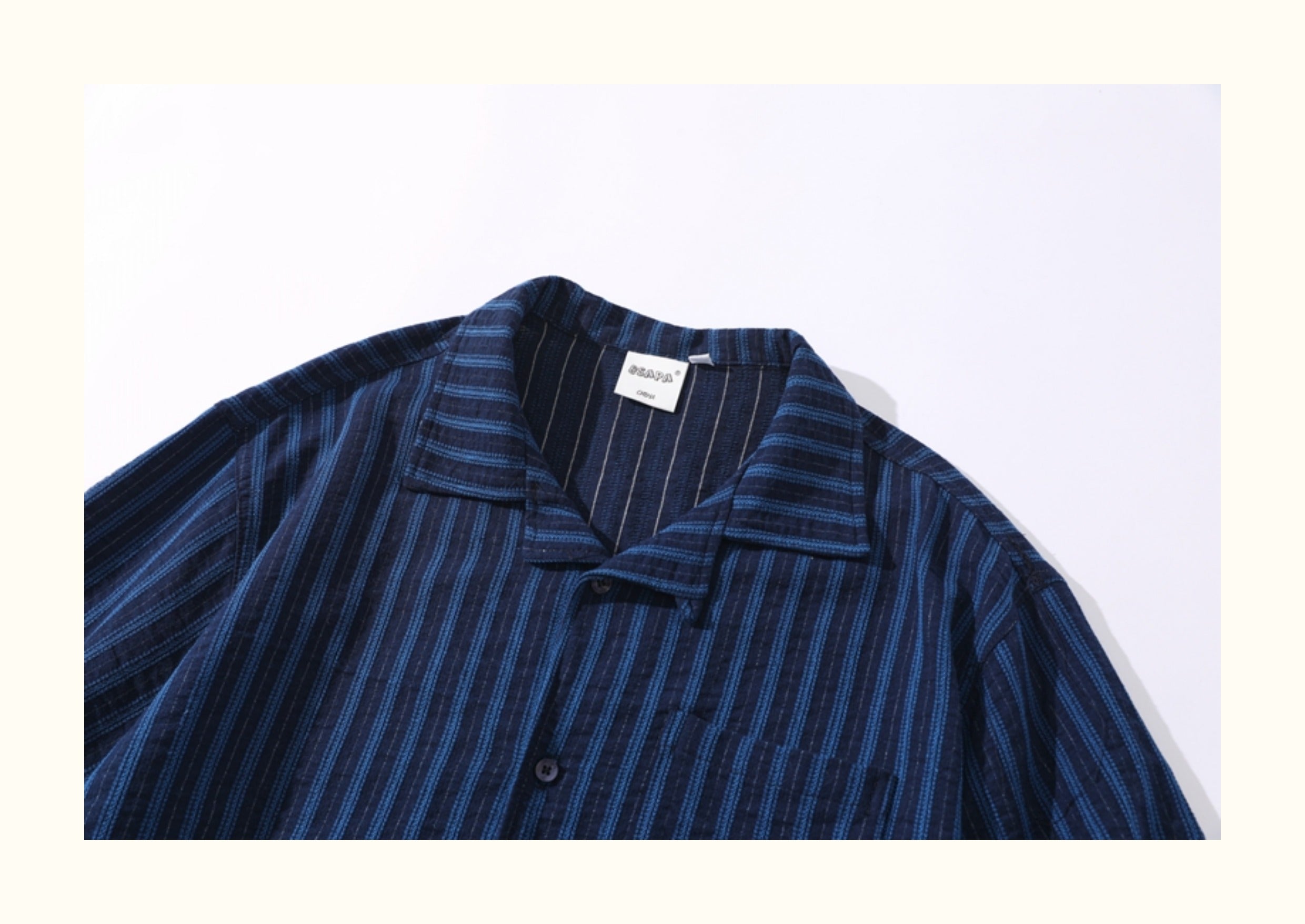 Pure Cotton Blue Striped Cuban-Collar Shirt – Japanese Retro, Loose Fit, Summer Essential