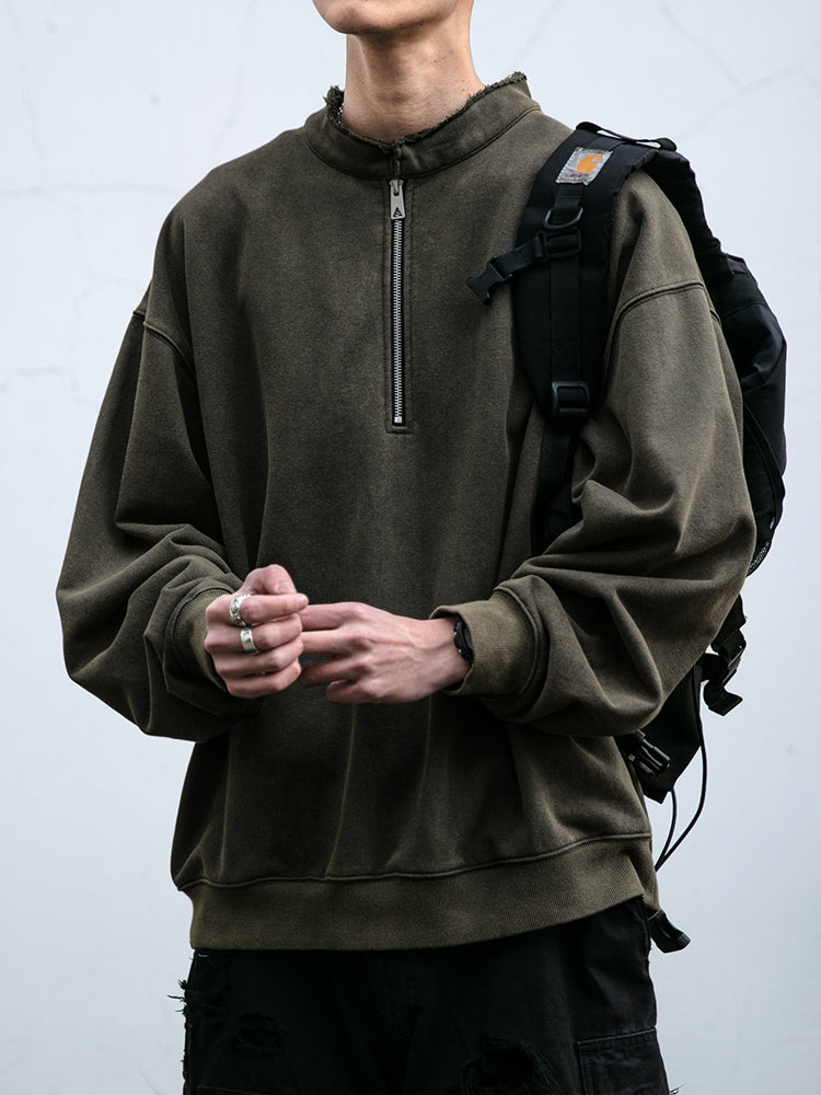 465G Snowflake Molle Diagonal Half-Zip Sweatshirt Men's Boxy Short Wide Washed Vintage Pullover Jacket Trendy