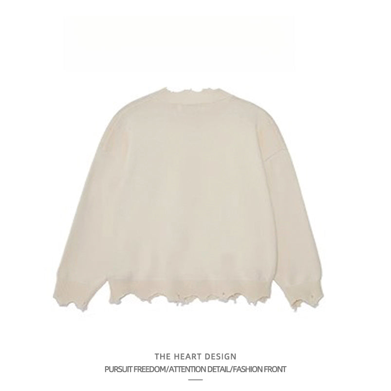 Men's Retro Cross Embroidered Distressed Knit Sweater – High Street American Style Casual Winter Pullover Jacket