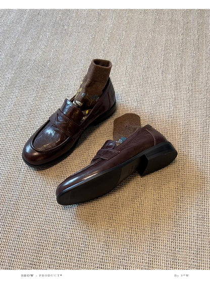 Women's Retro Genuine Leather Loafers - Sheepskin Slip-On Chunky Heel British Style Lazy Shoes