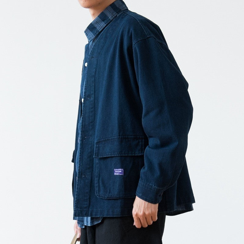 Vintage Washed Denim Collarless Shirt – Japanese Style Long Sleeve (Unisex)