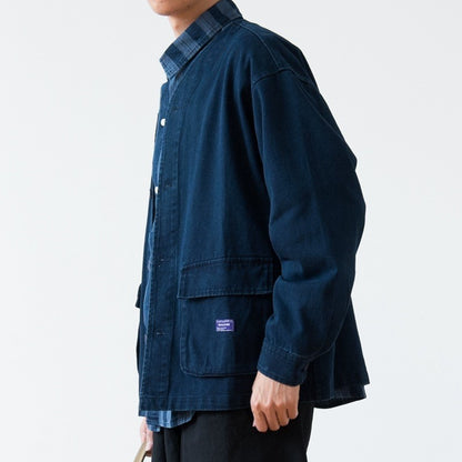 Vintage Washed Denim Collarless Shirt – Japanese Style Long Sleeve (Unisex)