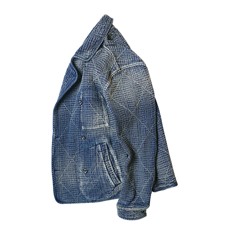 Retro Sashiko Washed Double-Breasted Jacket – Heavy Indigo Denim Workwear (Unisex)