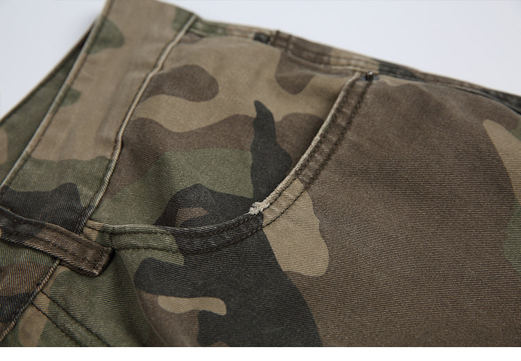 Men's American Street Retro Cargo Pants - Camouflage Heavy Washed Ripped Straight-Leg Pants