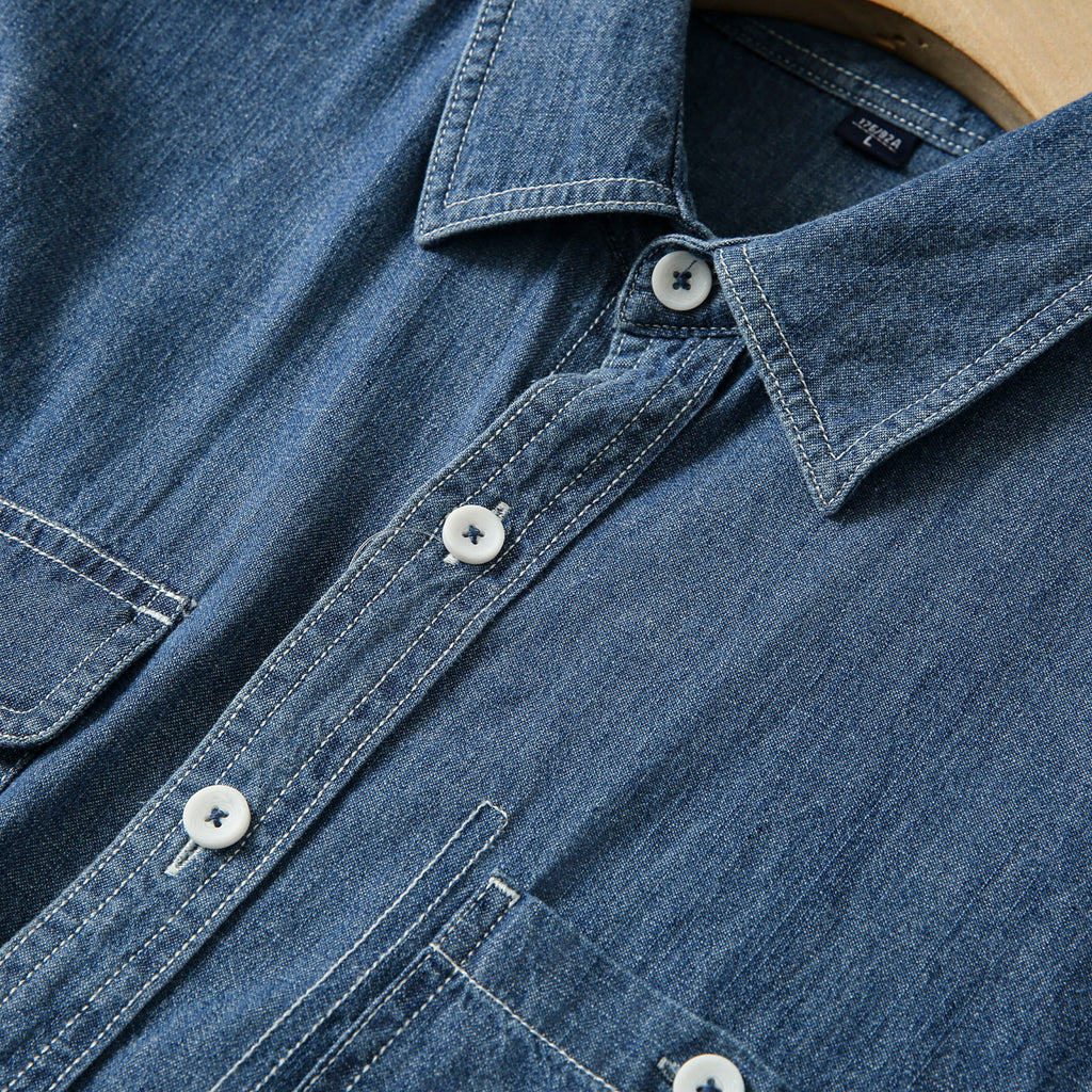 Pure Cotton Enzyme Wash! Export Surplus Men's Summer Turn-down Collar Denim Short Sleeve Shirt Top