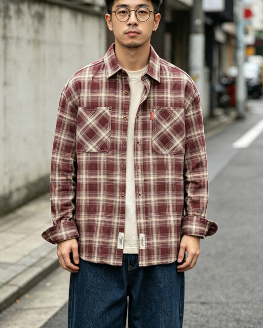 Japanese Plaid Workwear Shirt – Men's Washed Cotton Large Pocket Long-Sleeve – Japanese vintage | yamalin clothes | Yamalinclothes