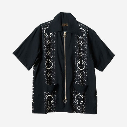 Japanese Style Casual Double Zipper Printed Short Sleeve Shirt Loose Fit Unisex