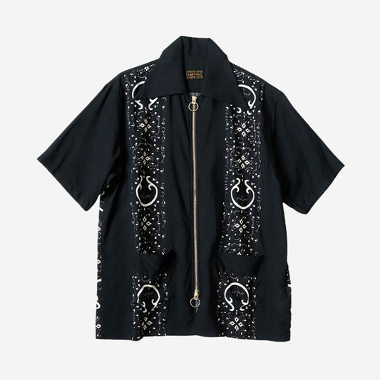 Japanese Style Casual Double Zipper Printed Short Sleeve Shirt Loose Fit Unisex