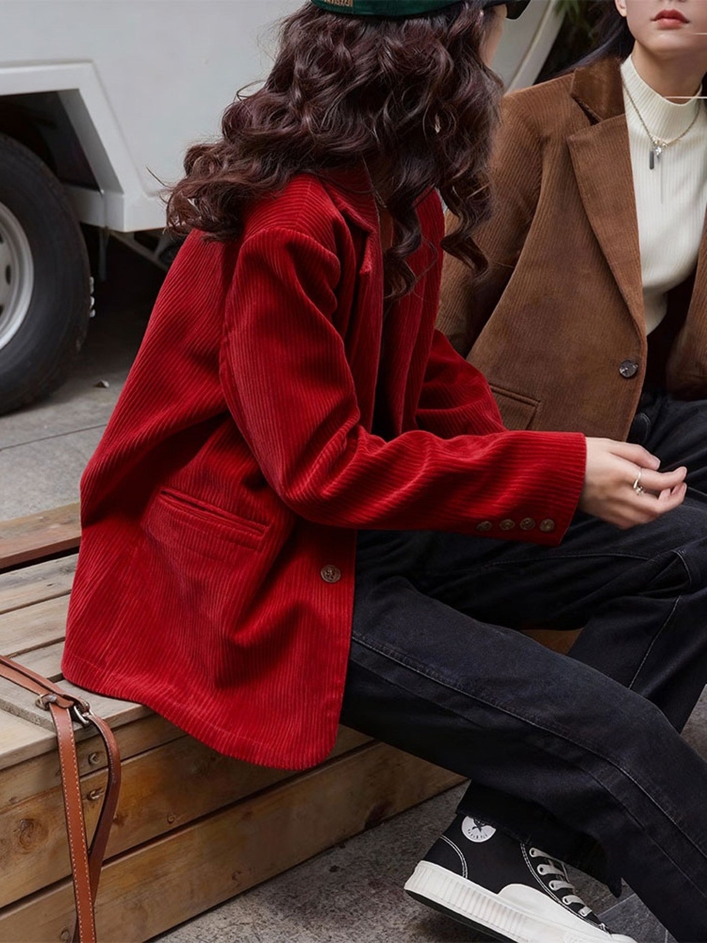 Christmas Red Corduroy Chanel-Style Jacket - Chenille Short Coat (Women)